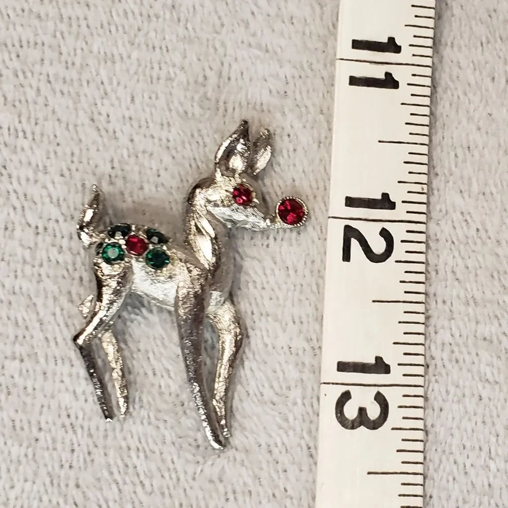 Reindeer Brooch Silver, red and green gem stones